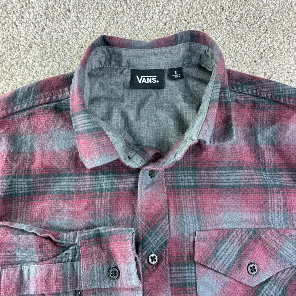 Vans Plaid Flannel Shirt Mens S Red Gray Long Sleeve‎ Cotton Skate Grunge Indie